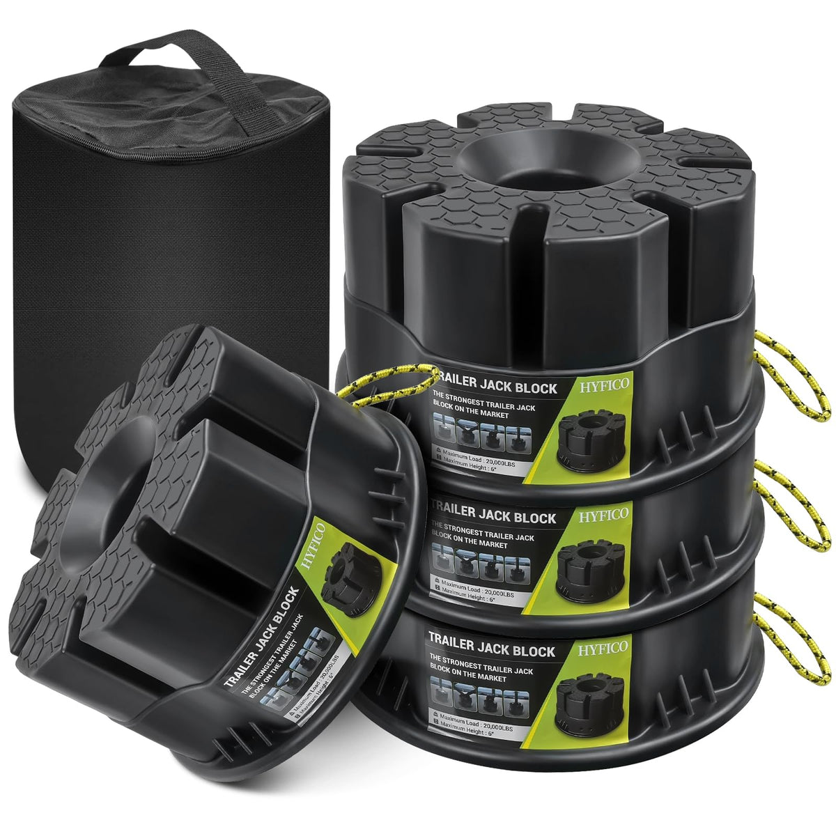 Hyfico front packaging showing four jack blocks and bag for easy transport