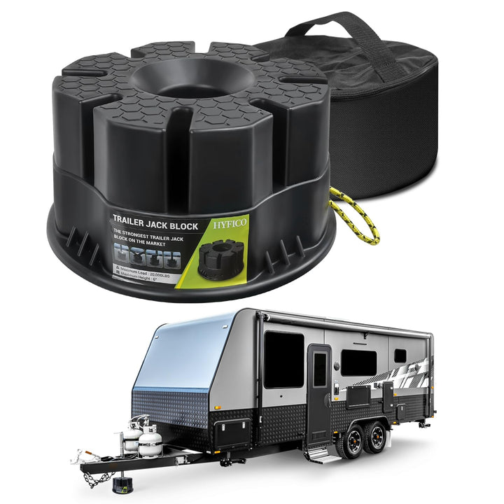 Hyfico front view of packaged jack block showing compact design and portability