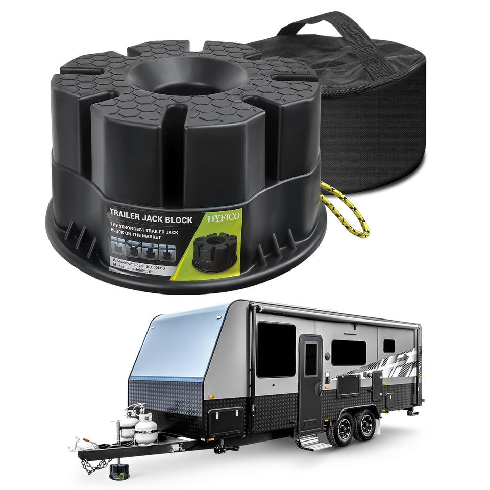 Hyfico front view of packaged jack block showing compact design and portability