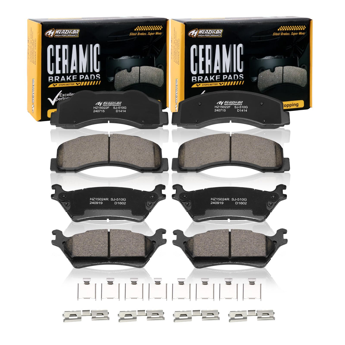 HYFTJYZ front and rear brake pad kit packaging showing complete hardware and fitment benefit