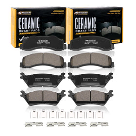 HYFTJYZ front and rear brake pad kit packaging showing complete hardware and fitment benefit