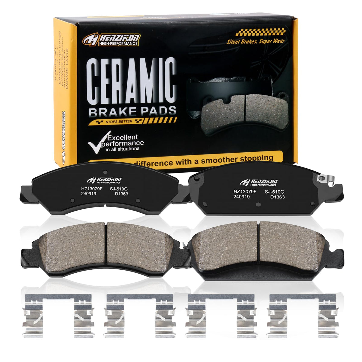 HYFTJYZ front brake pad packaging showing fitment details and secure shipping benefit