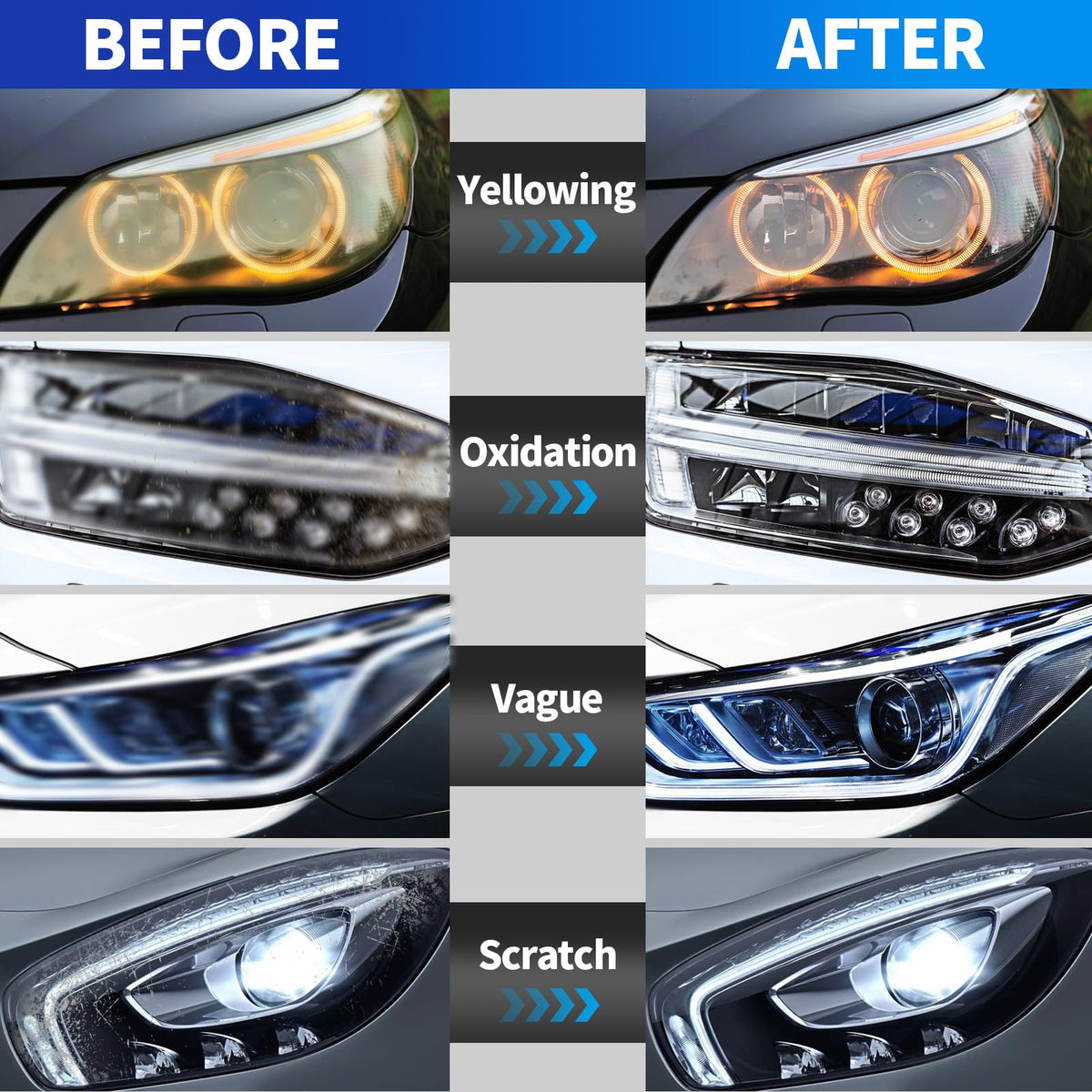 HYHJMISTY before and after headlight comparison showing clearer lens and renewed brightness benefit