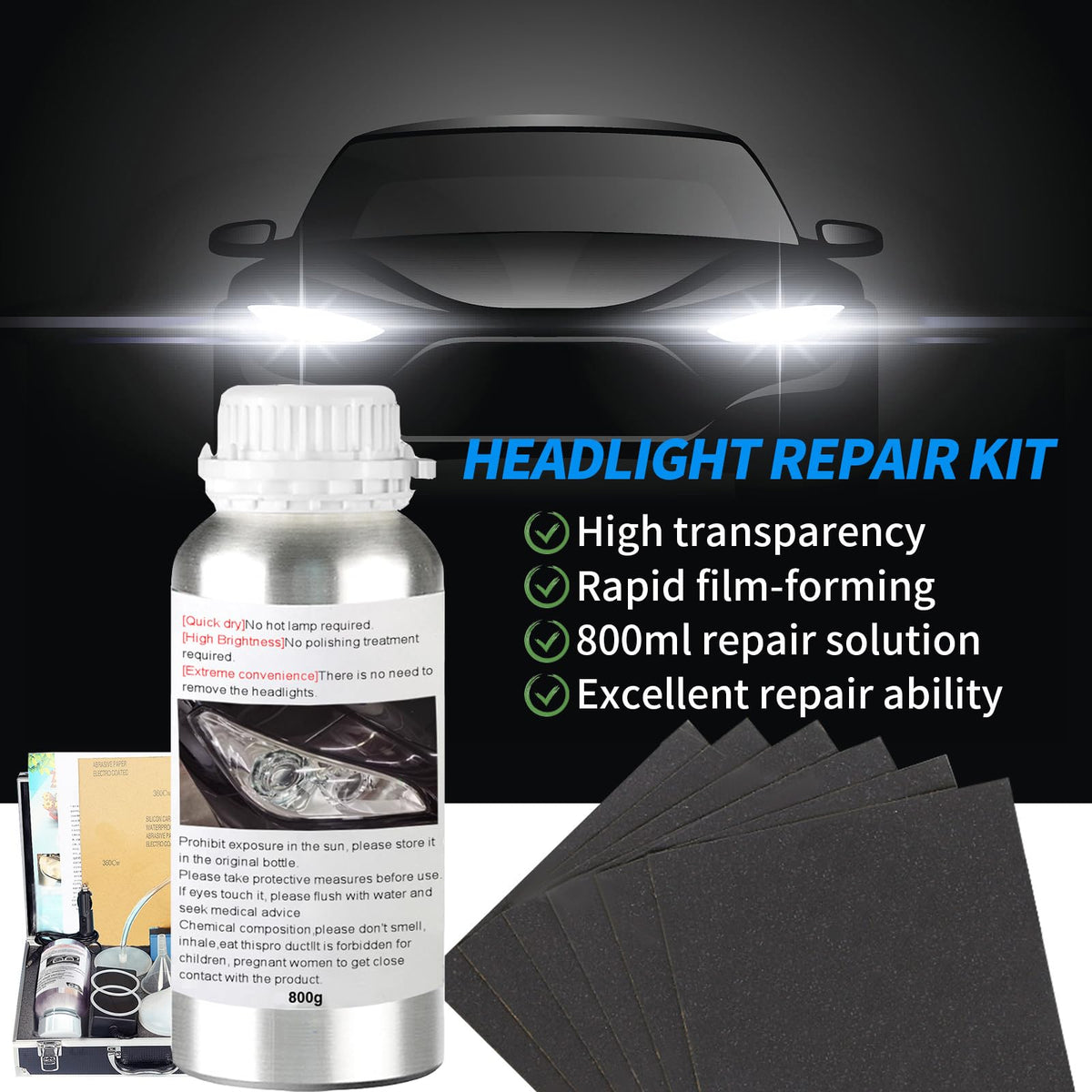 HYHJMISTY kit in use restoring a foggy headlight on a car, improved visibility and appearance benefit