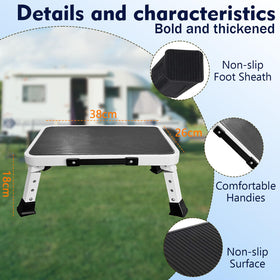 HYMIC folded stool tucked under seat illustrating space-saving benefit