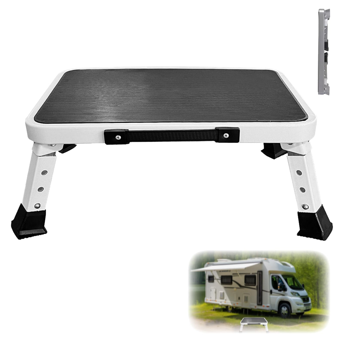 HYMIC front view of folded stool showing compact storage and portability benefit