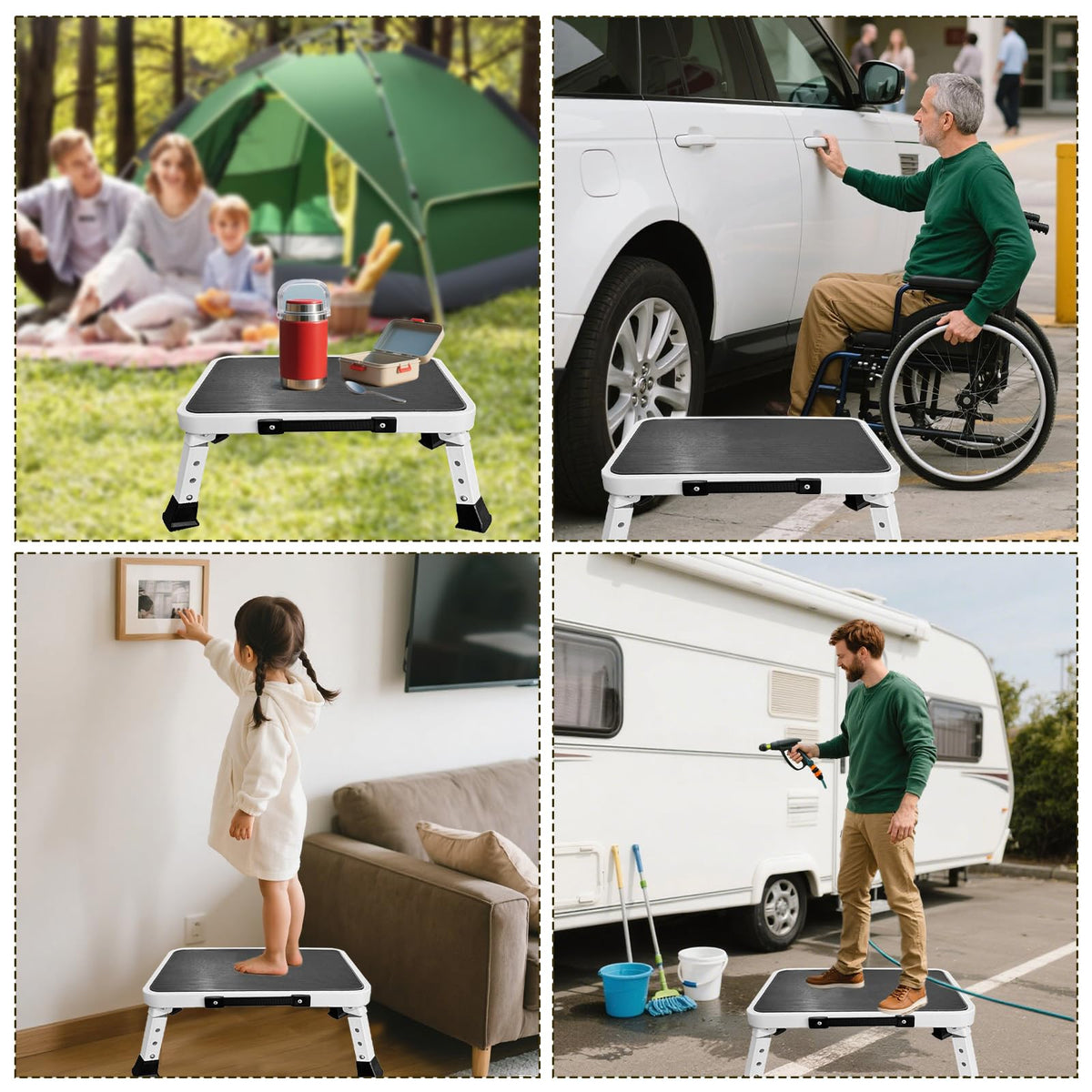 HYMIC step stool in use at an RV entrance showing easier access benefit