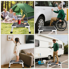 HYMIC step stool in use at an RV entrance showing easier access benefit