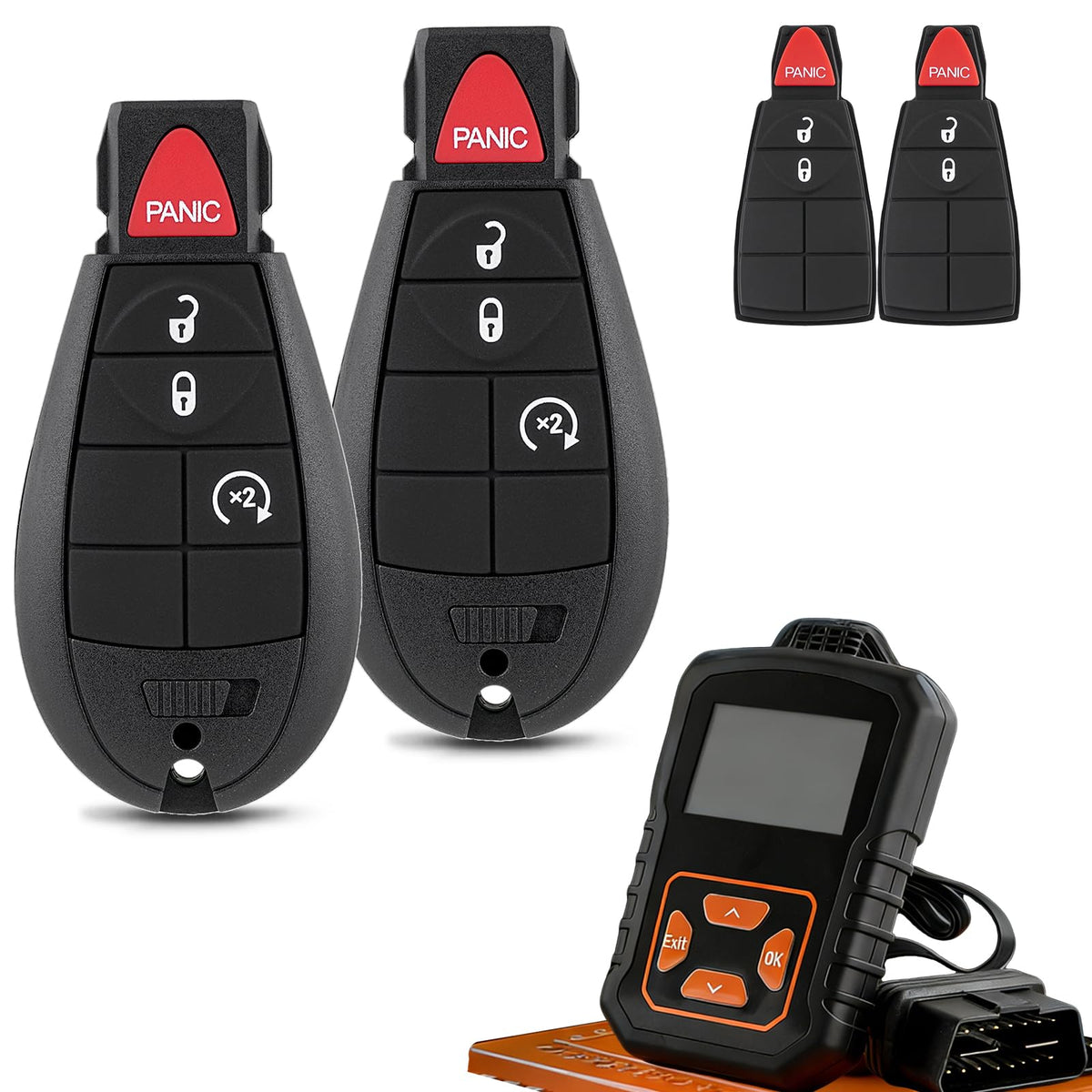 HYMOLKYE front packaging showing two replacement remotes and OBD2 tool for quick setup