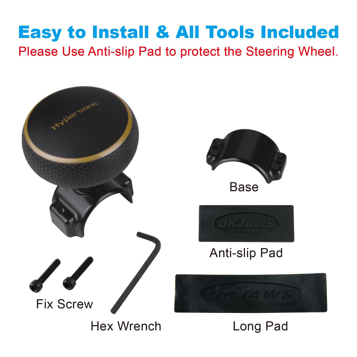 Hypersonic hardware, wrench and rubber pad laid out, highlights easy adjustable fit and protection
