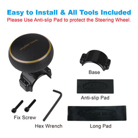 Hypersonic hardware, wrench and rubber pad laid out, highlights easy adjustable fit and protection