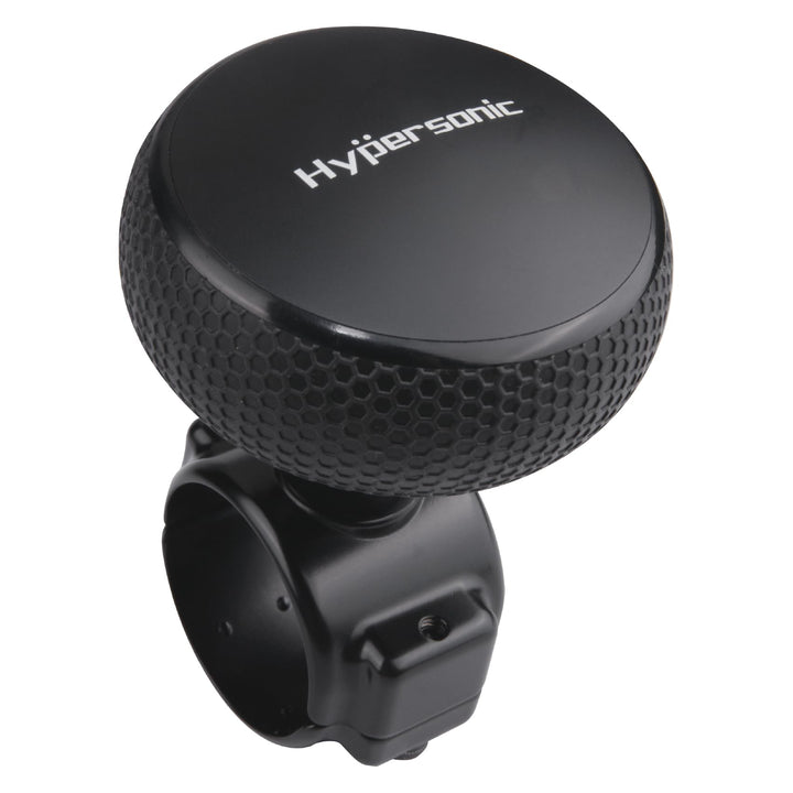 Hypersonic front view of black steering wheel knob showing robust mount and finish benefit: durable grip