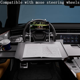 HZGAMER tray mounted on steering wheel with laptop, demonstrates parked-use convenience