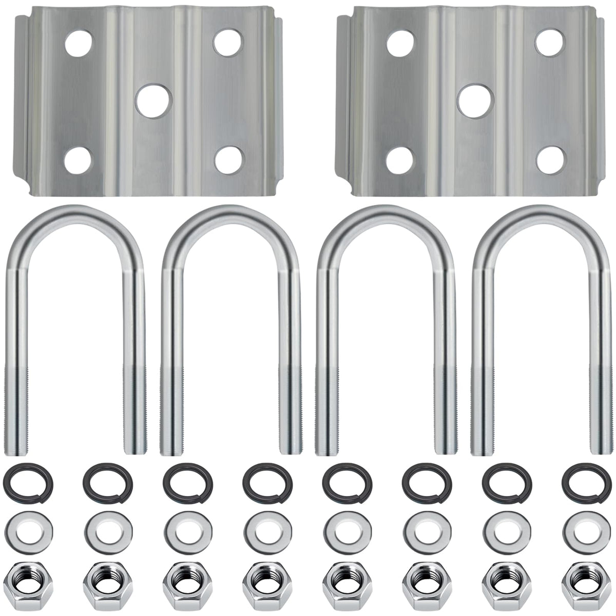 iBroPrat front view of full U-bolt kit showing organized parts and corrosion protection