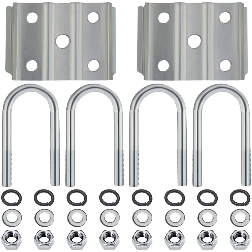 iBroPrat front view of full U-bolt kit showing organized parts and corrosion protection