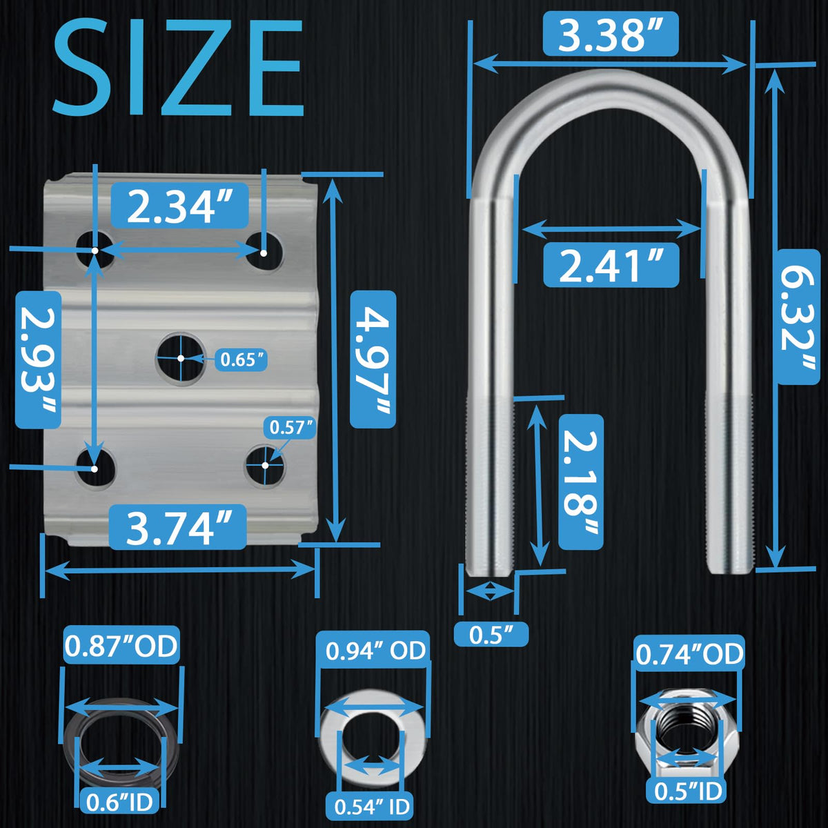 iBroPrat U-bolt close-up showing threaded length and durable galvanized finish benefit
