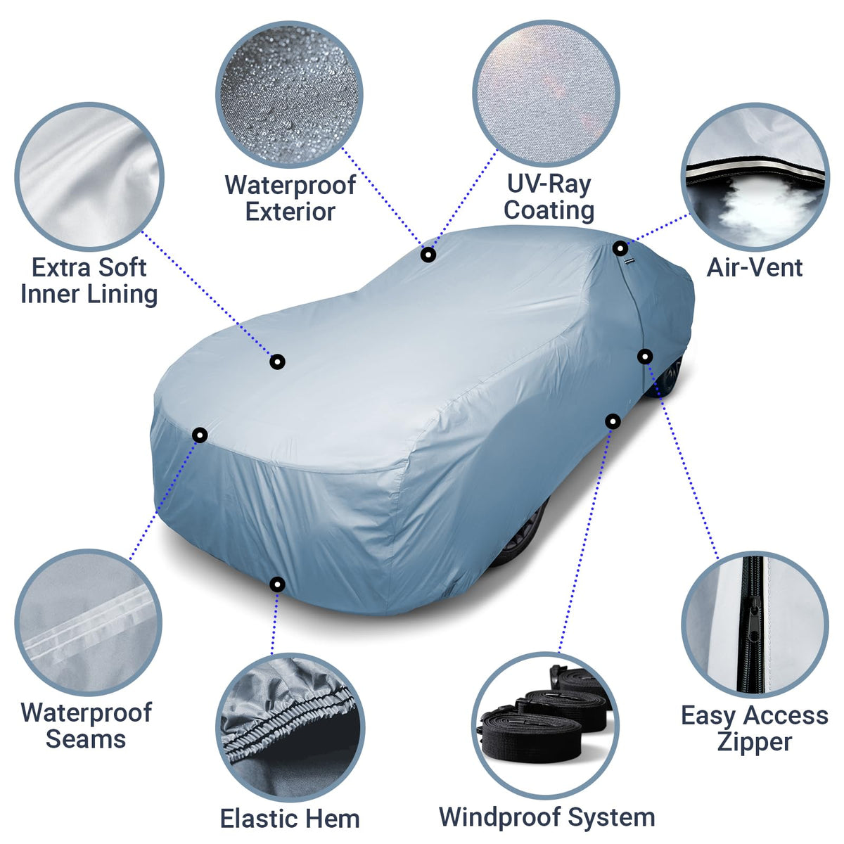 iCarCover heavy-duty wind strap anchored securing cover in gusts