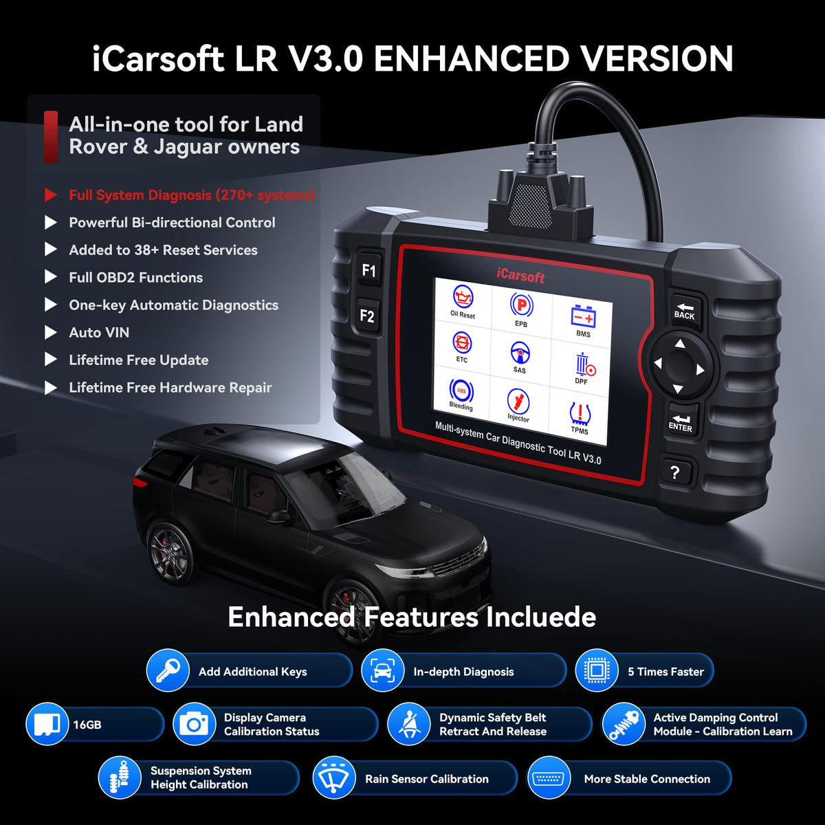 iCarsoft LR V3.0 next to Land Rover for scale, brand compact and portable for owners