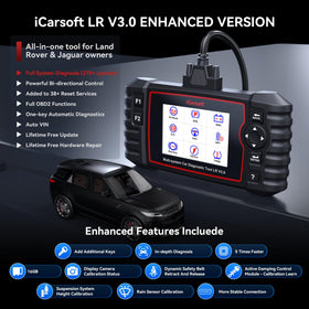 iCarsoft LR V3.0 next to Land Rover for scale, brand compact and portable for owners