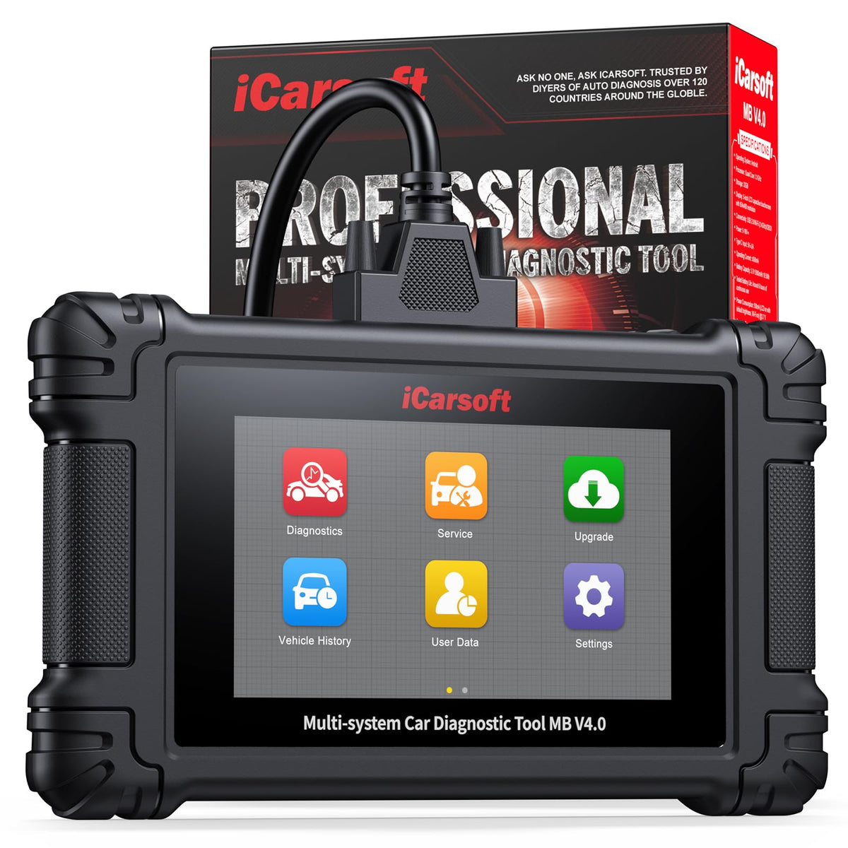 iCarsoft MB V4.0 front view showing rugged housing and screen, reliable diagnostics