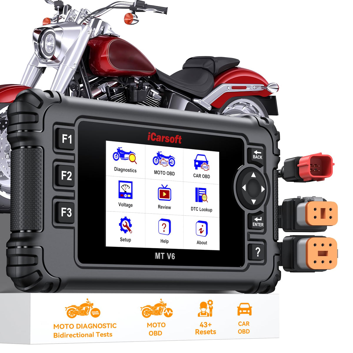 iCarsoft MT V6 front view showing rugged housing and clear display for quick diagnosis