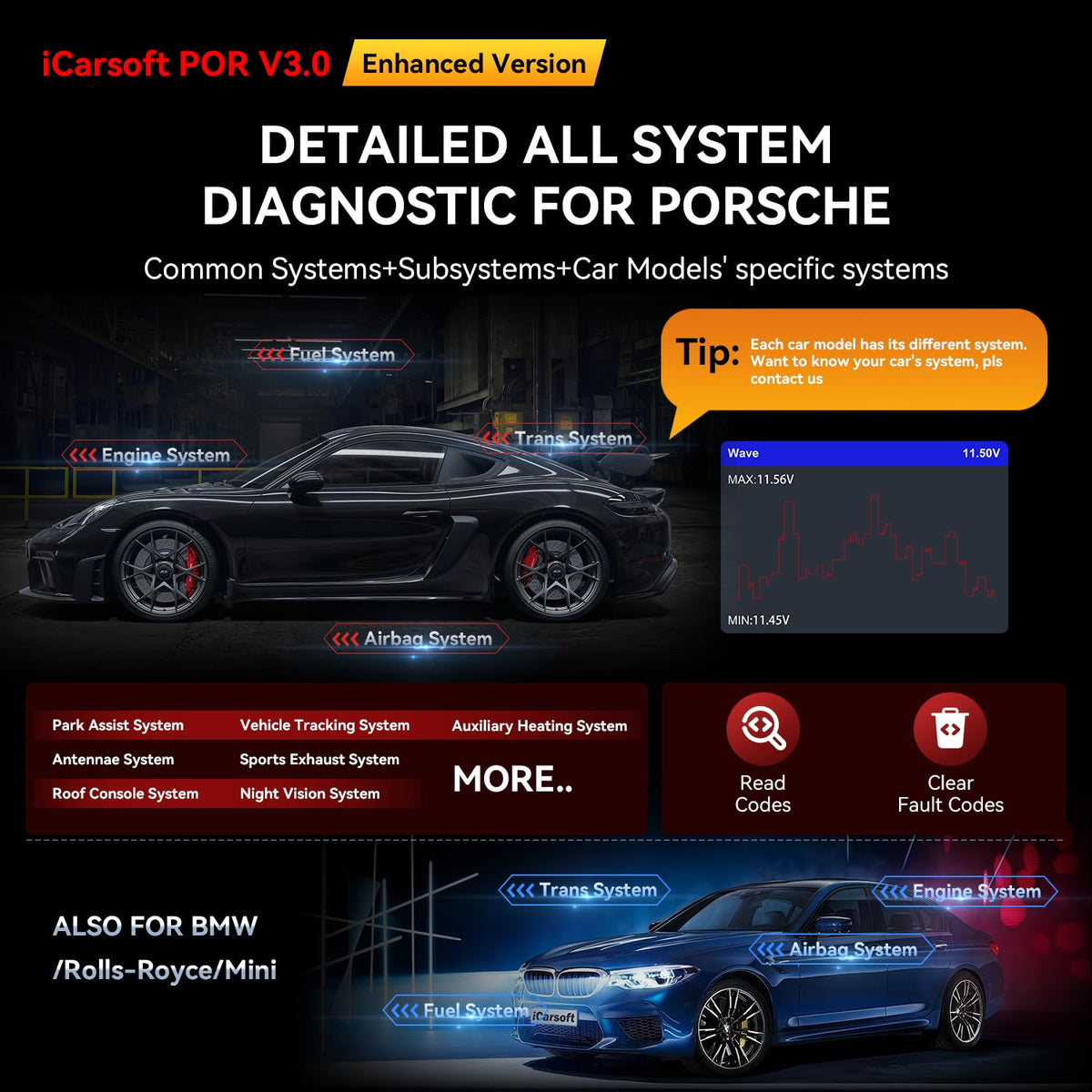 iCarsoft POR V3.0 rear view highlighting ports and durable connectors benefit