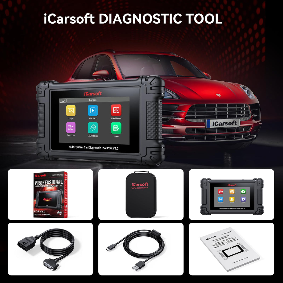 iCarsoft POR V4.0 packaging with accessories for immediate out‑of‑box use
