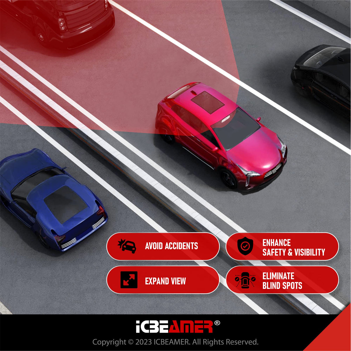 ICBEAMER installed in car interior offering wider panoramic road visibility