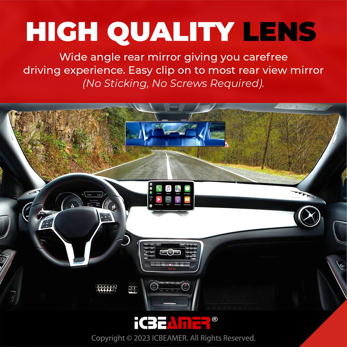 ICBEAMER side profile showing rubber clips that secure mirror without tools