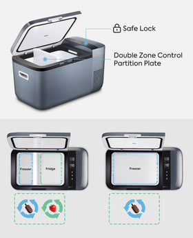 ICECO GO20 open showing dual zones for chilled and frozen food separation advantage