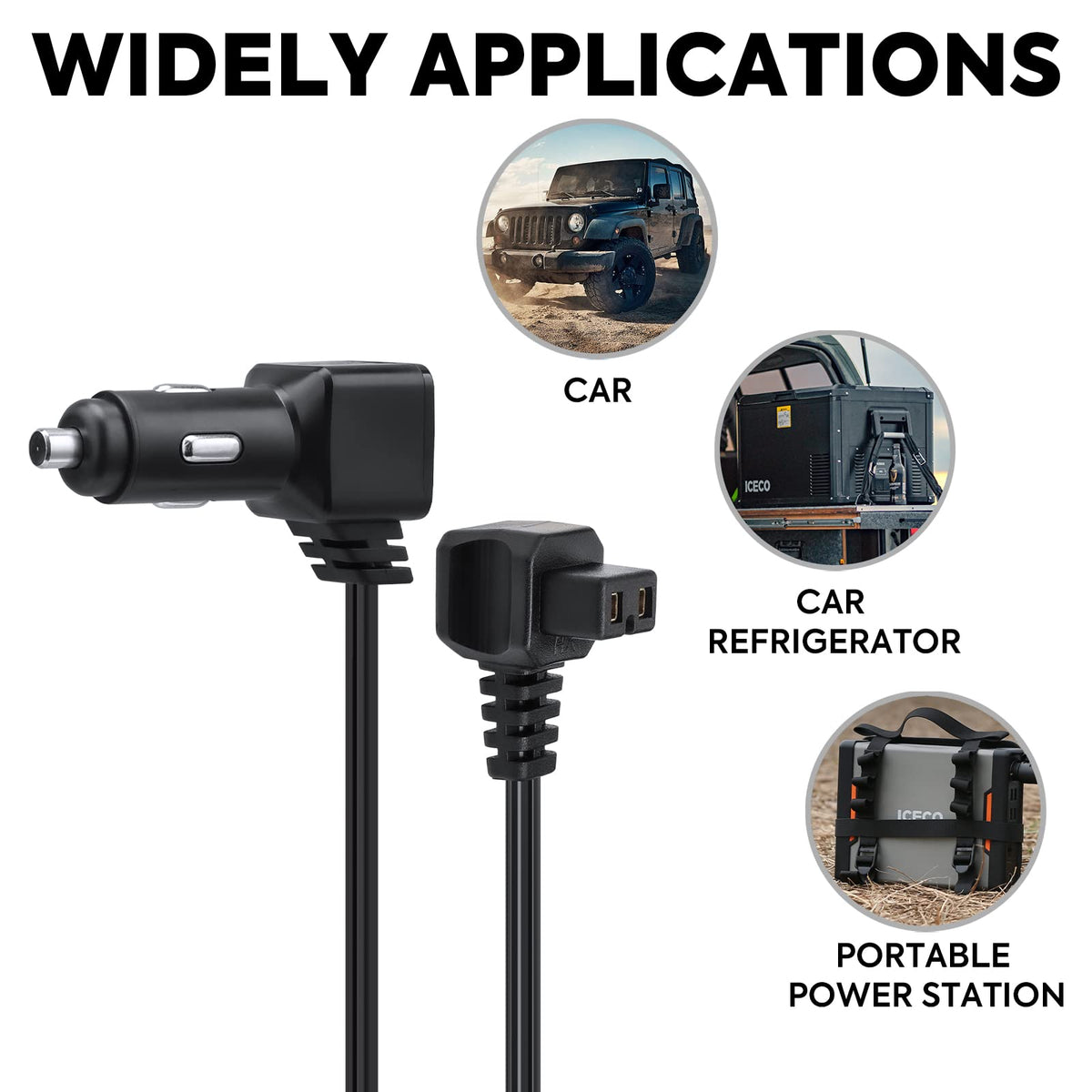 ICECO cable powering camping fridge, reliable cooling on road benefit
