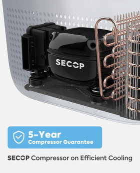 ICECO SECOP compressor badge highlighting efficient cooling and low power usage