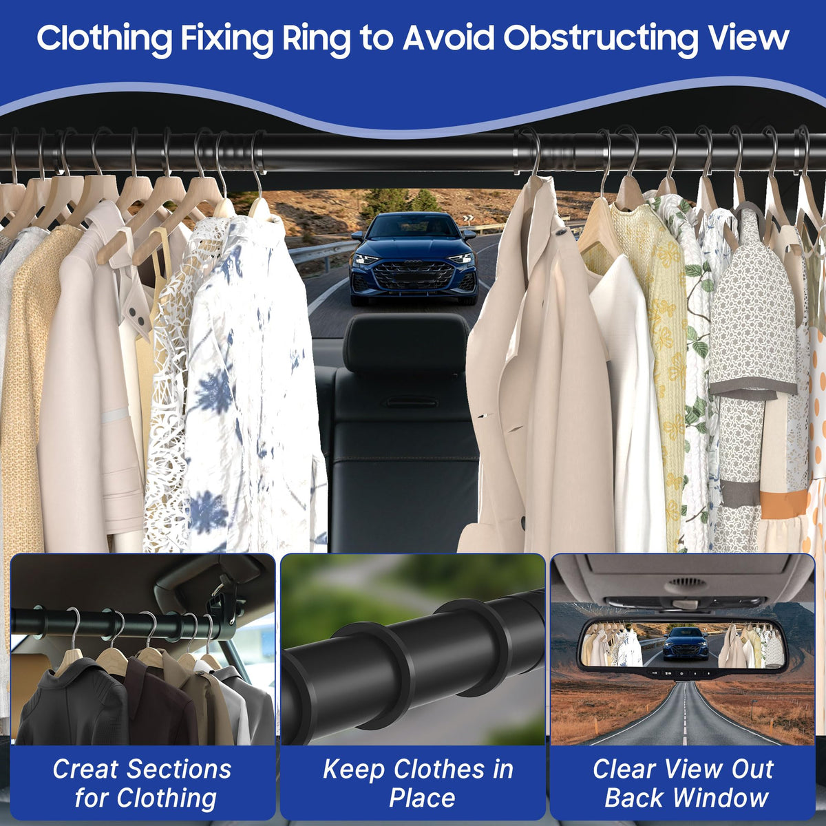 IceFun hanger bar installed in SUV showing organized clothes while traveling
