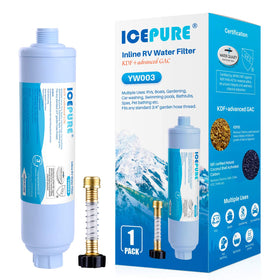 ICEPURE front view of inline RV filter showing compact design and easy hookup benefit