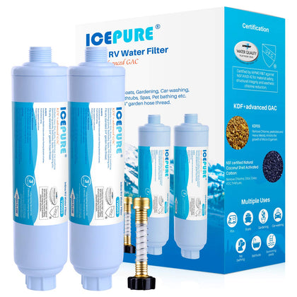 ICEPURE front view packaging showing two filters and hose protector, clear product ID and benefit