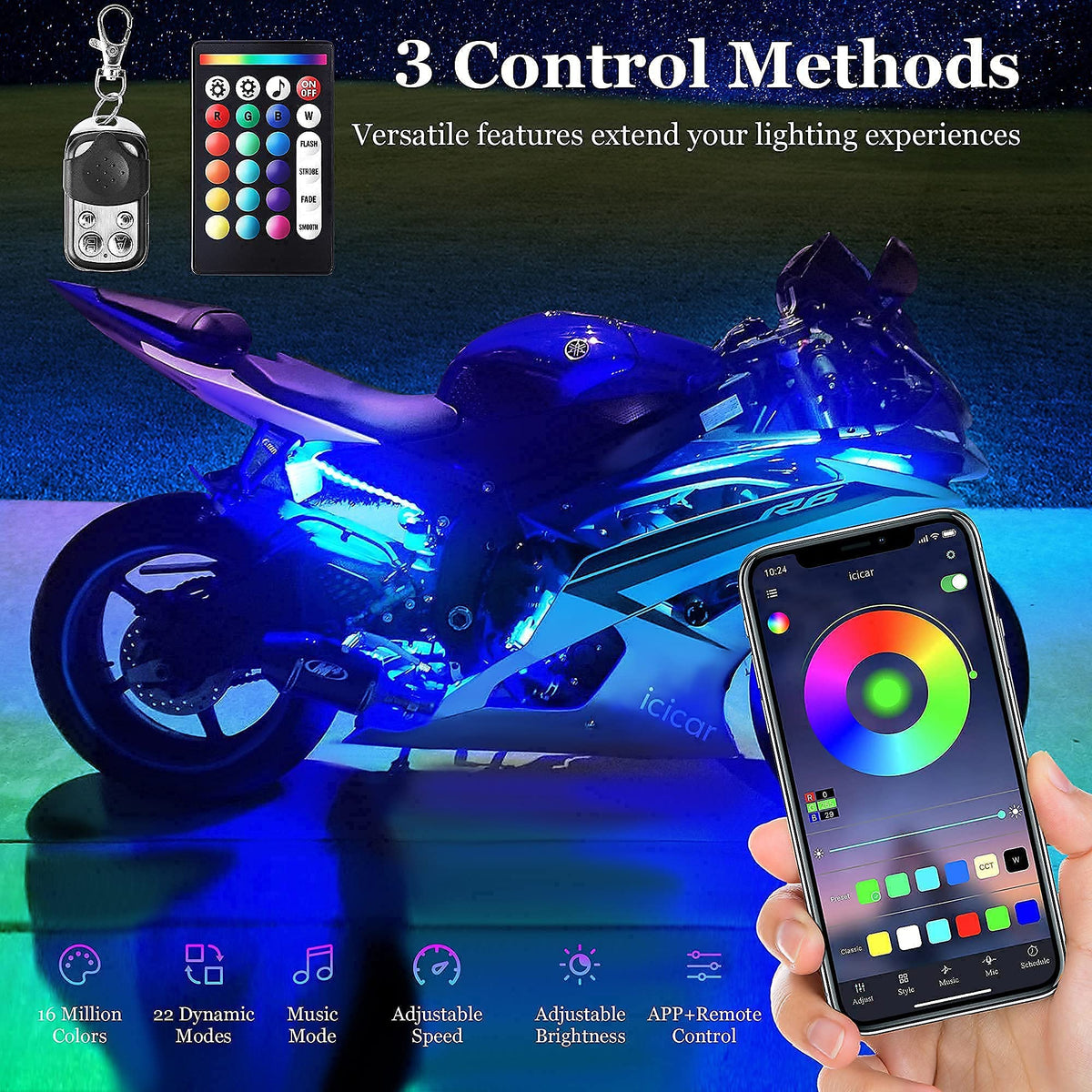 icicar controller with 24-key remote and 4-button fob showing easy multi-control options
