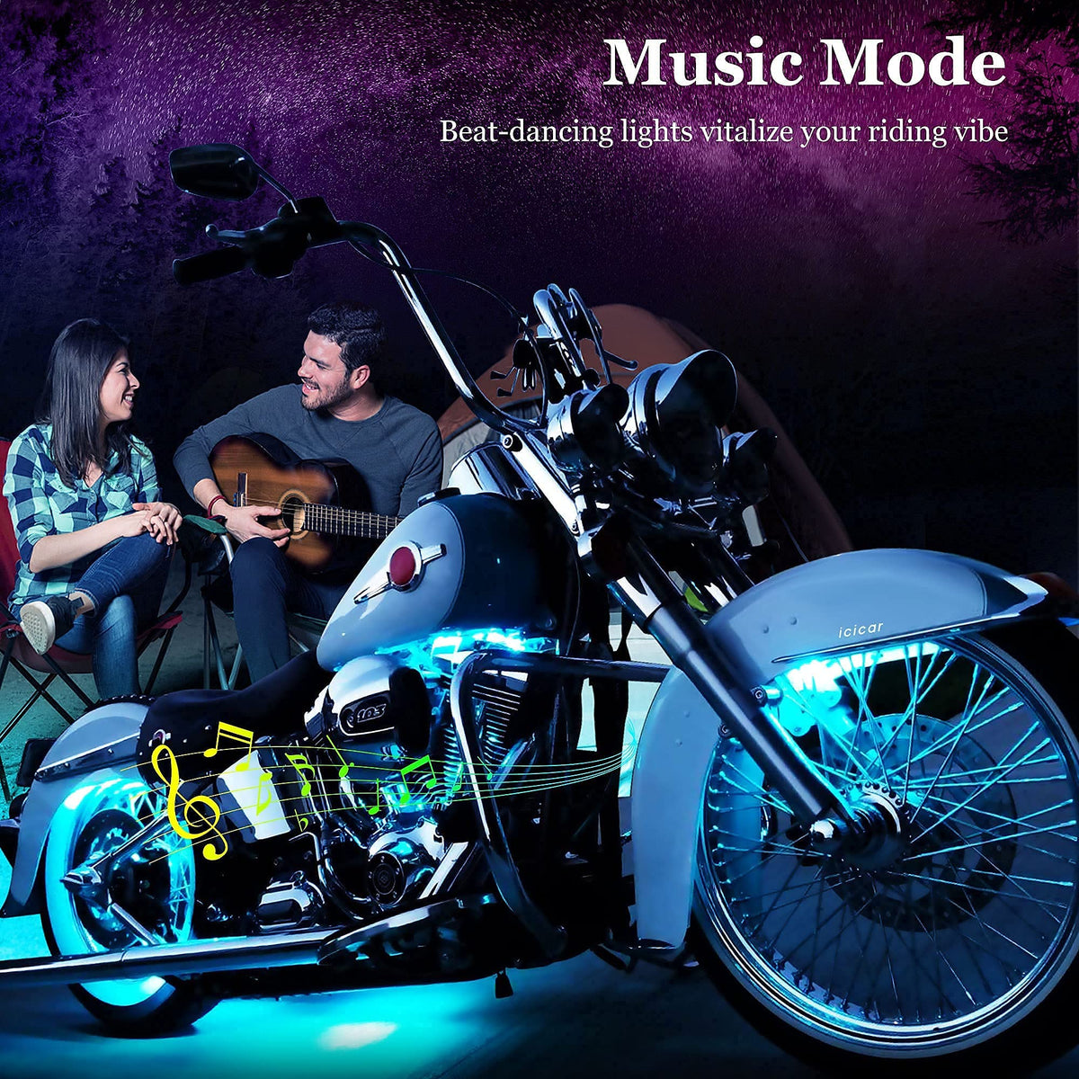 icicar motorcycle lit at night demonstrating ambient underglow for style and visibility
