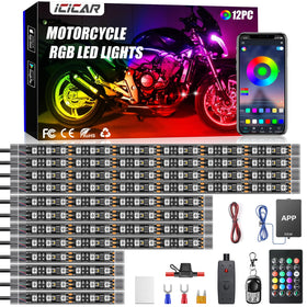 icicar front view of full 12-piece underglow kit showing bright colors and improved visibility