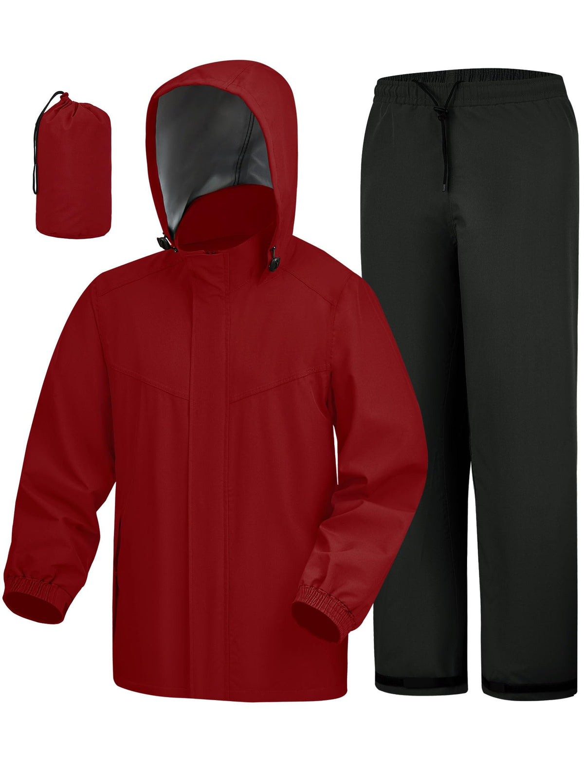 iCreek front view of jacket and pants showing full coverage and red color for reliable protection