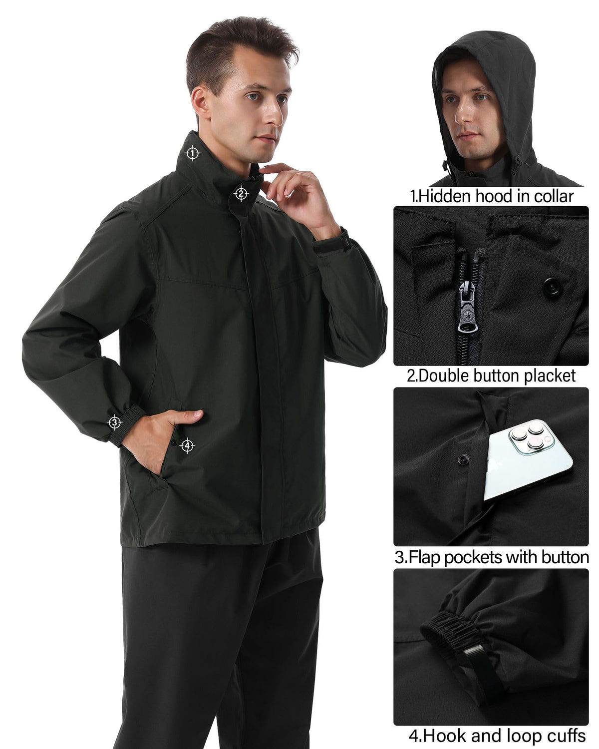 iCreek jacket hood detail with stow-away feature for wind and rain protection