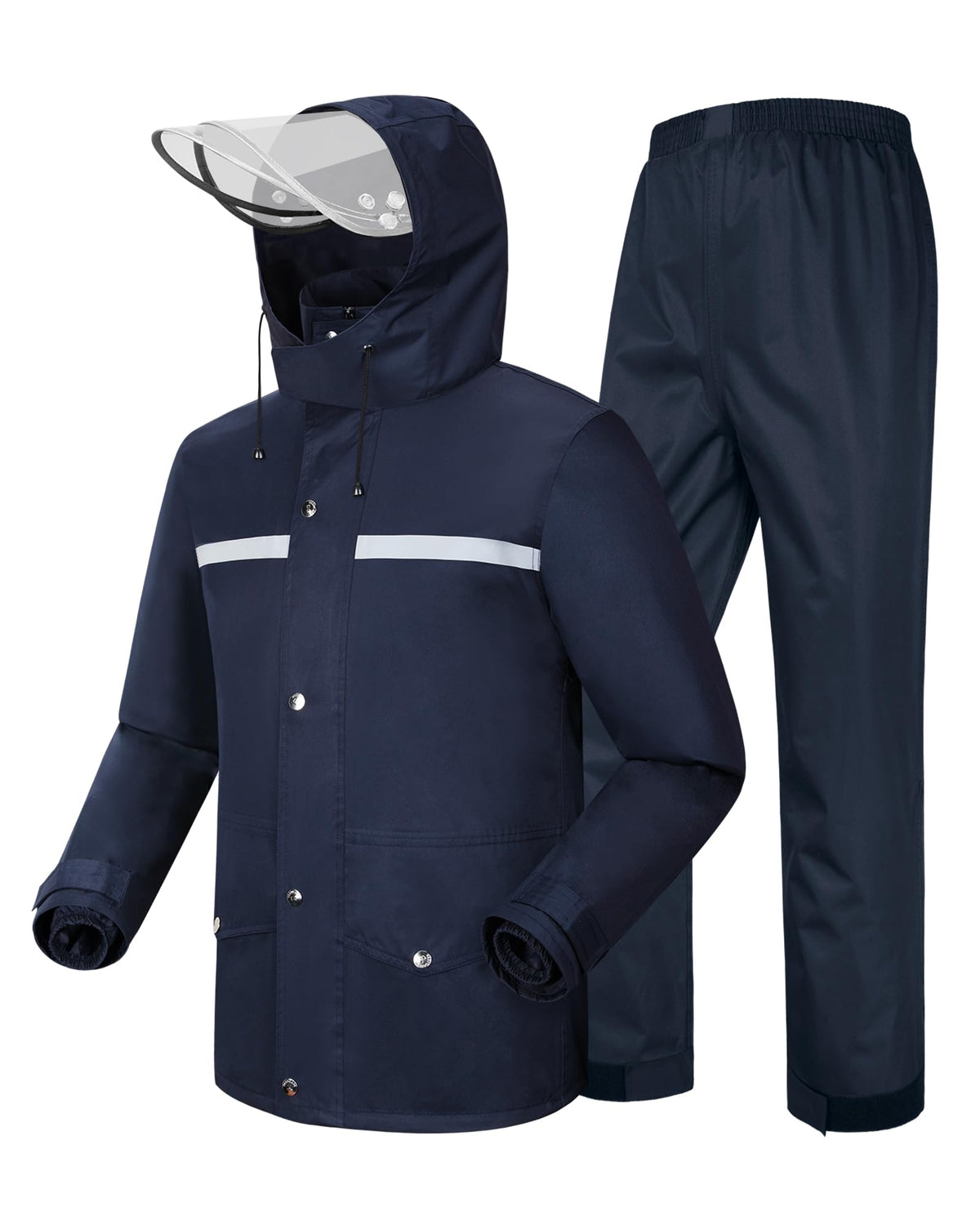 iCreek raincoat front view showing navy color and reflective safety