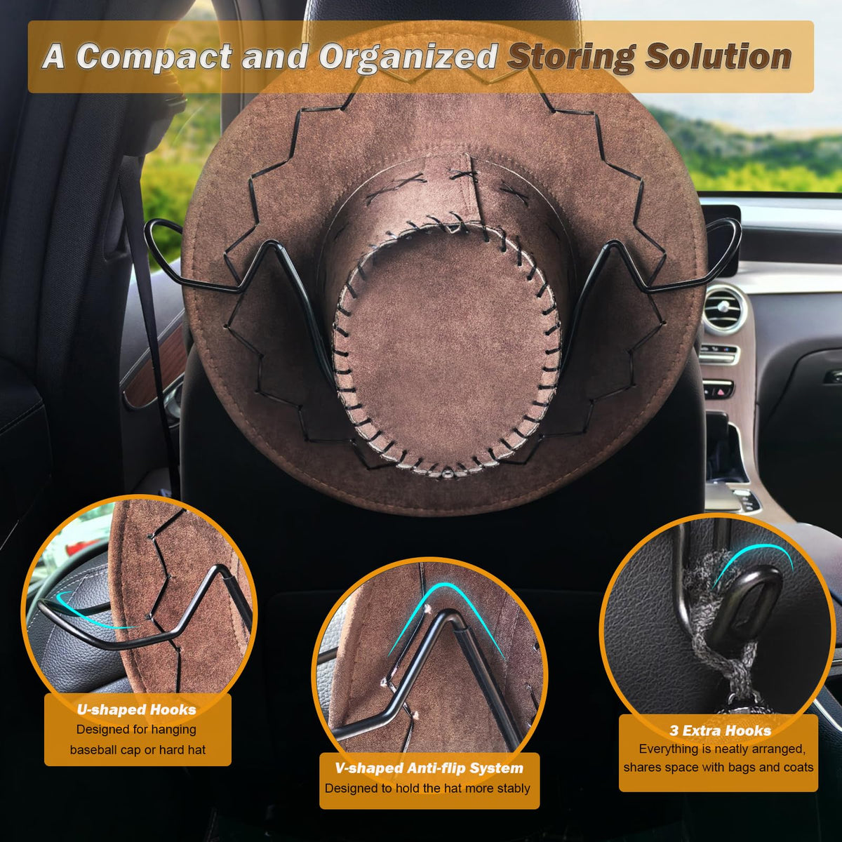 Idefair in use with cowboy hat holding brim secure and saving seat space