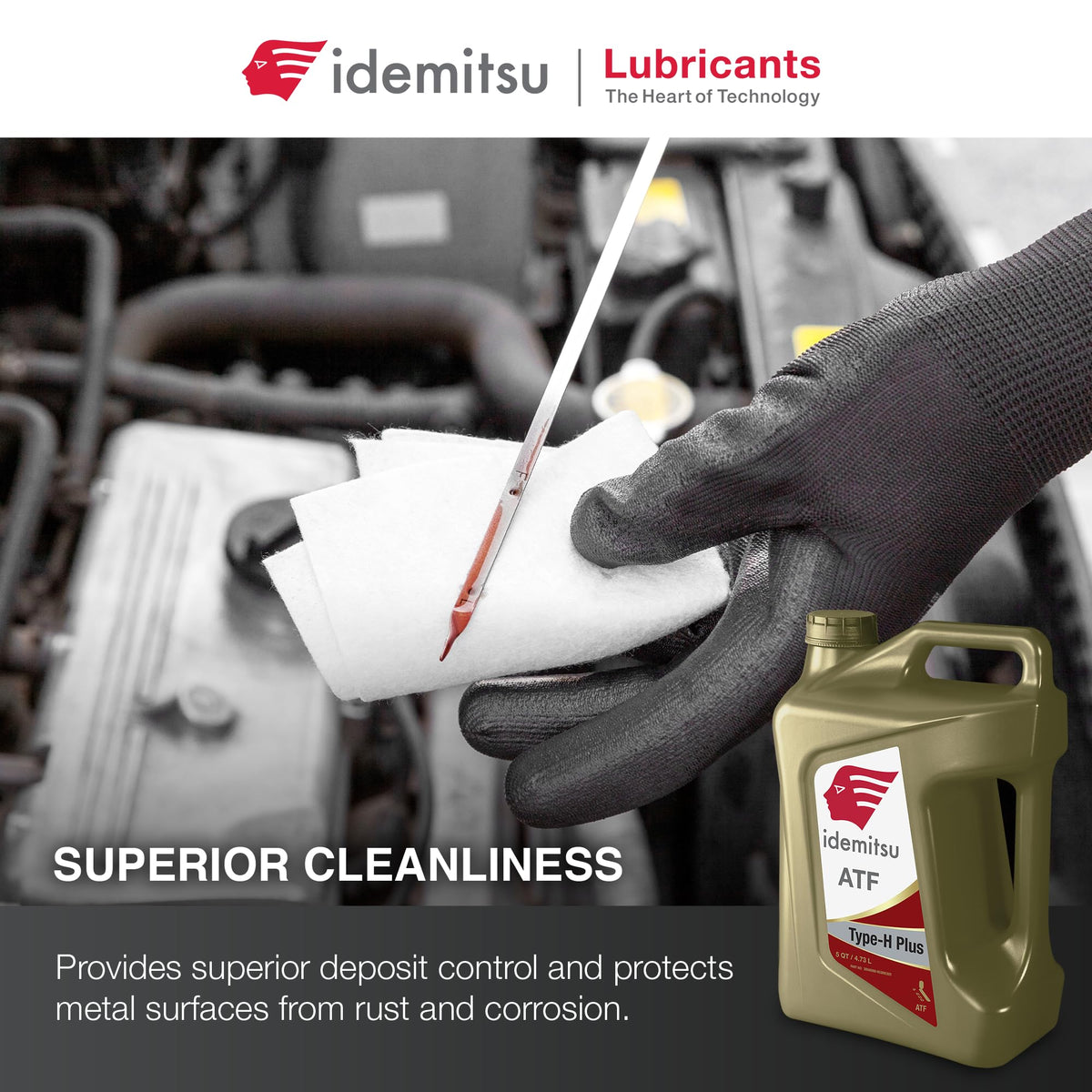 Idemitsu ATF fluid close-up displaying color and smooth viscosity for shifts