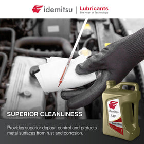 Idemitsu ATF fluid close-up displaying color and smooth viscosity for shifts