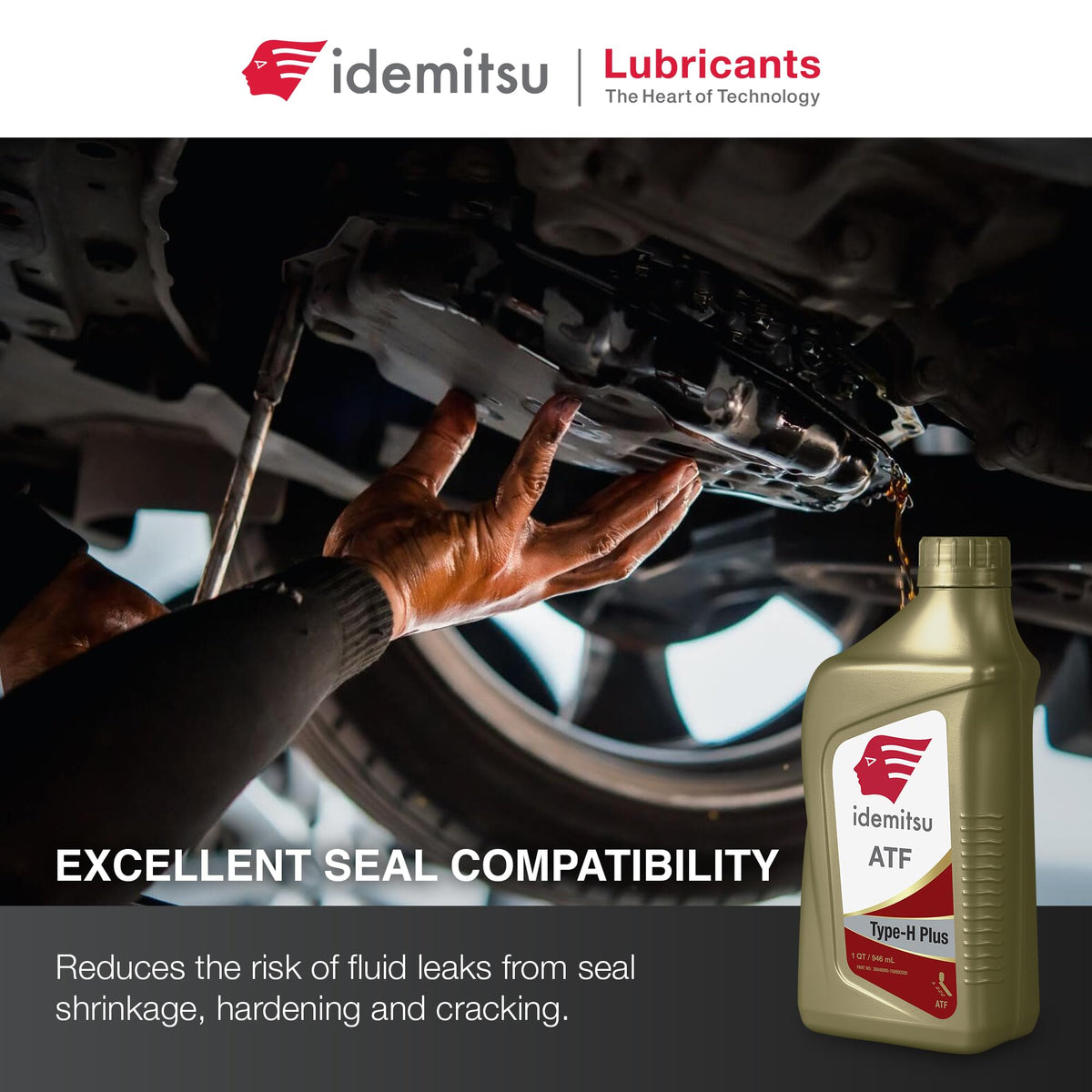 Idemitsu ATF Type H-Plus bottle in garage lifestyle scene indicating ready-to-use convenience