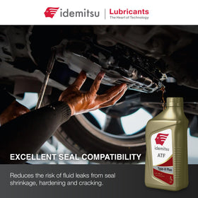 Idemitsu ATF Type H-Plus bottle in garage lifestyle scene indicating ready-to-use convenience