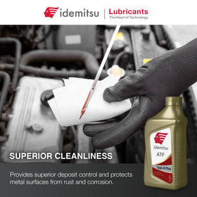 Idemitsu ATF Type H-Plus next to measuring cup showing one-quart scale benefit