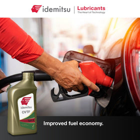 Idemitsu in a garage setting showing professional-grade CVT fluid for technicians