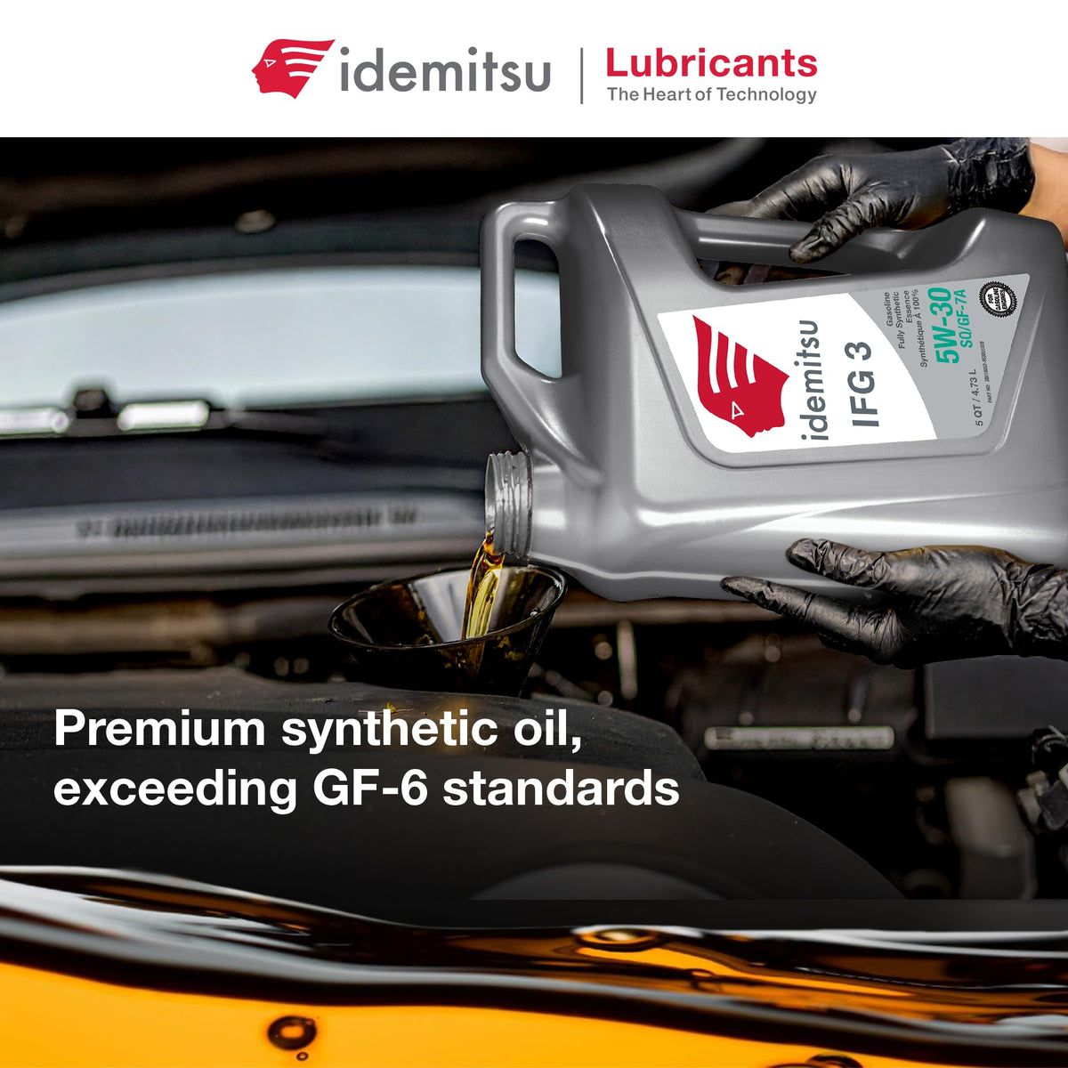Idemitsu IFG3 oil texture showing smooth sheen and viscosity for engine protection