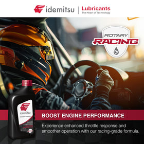 Idemitsu premix bottle on garage workbench suggesting ready‑to‑use race preparation